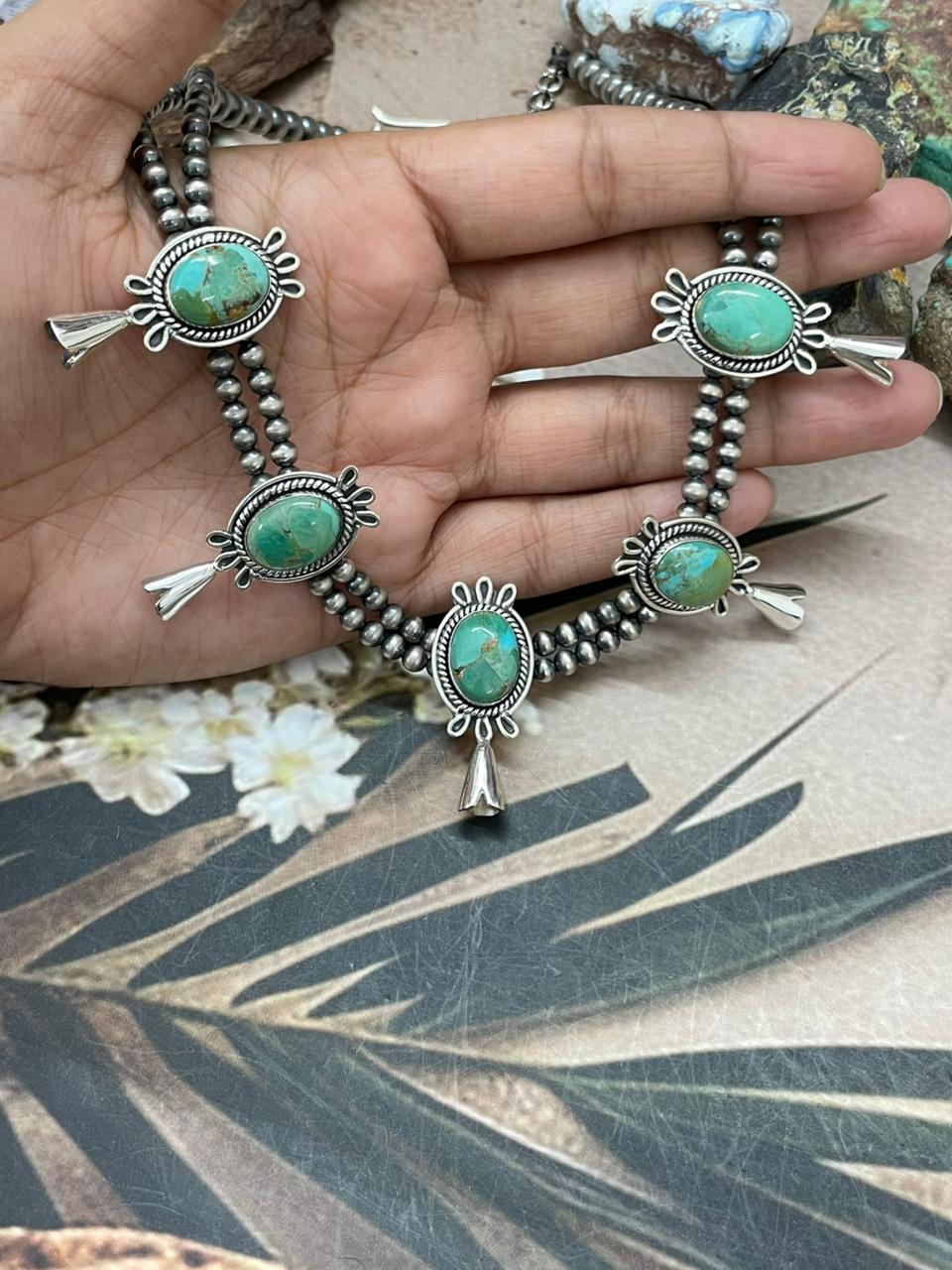 Handmade Sterling Silver Kingman Turquoise Beaded Blossom Necklace "Signed Nizhoni" - Che Cose Belle