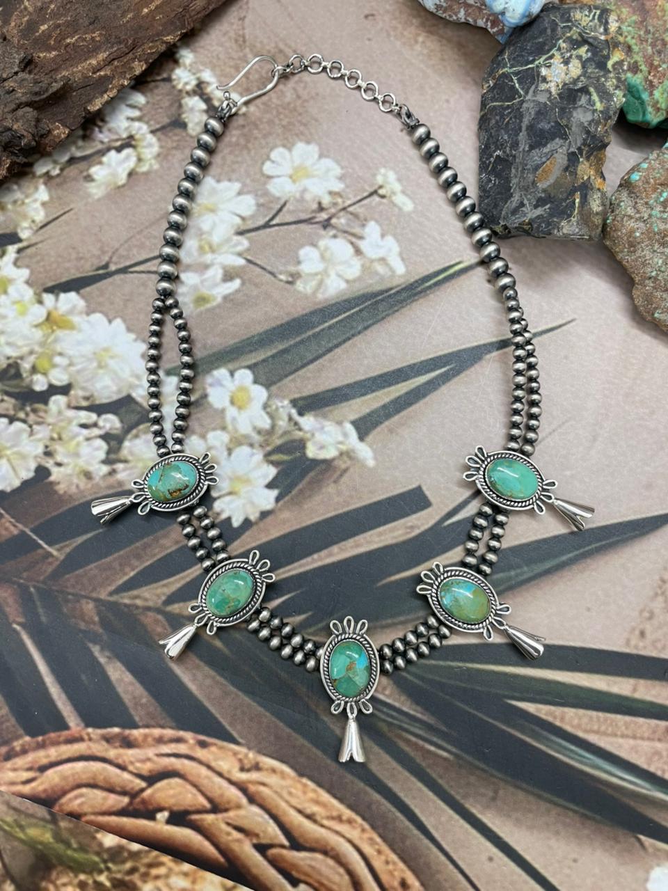 Handmade Sterling Silver Kingman Turquoise Beaded Blossom Necklace "Signed Nizhoni" - Che Cose Belle