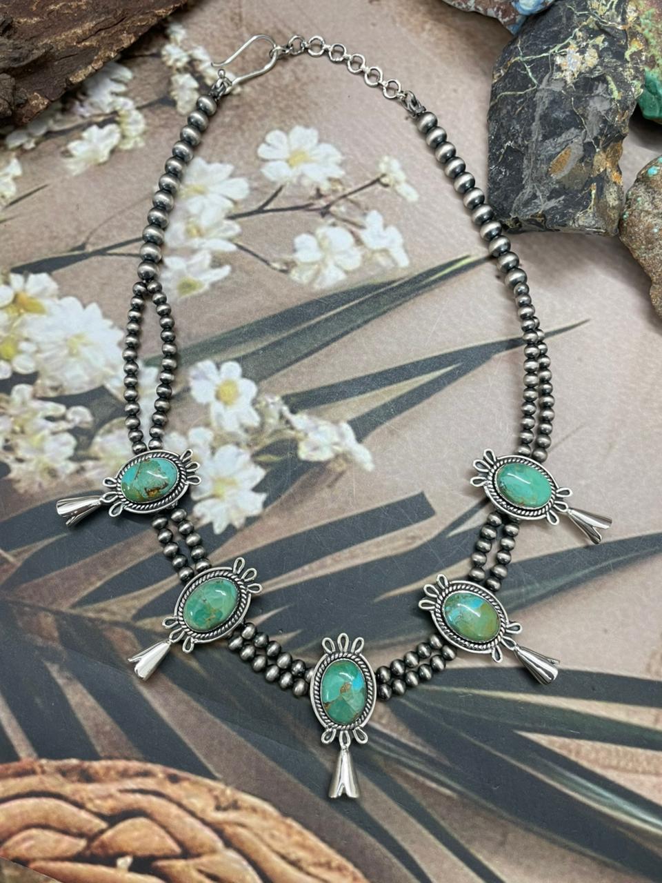 Handmade Sterling Silver Kingman Turquoise Beaded Blossom Necklace "Signed Nizhoni" - Che Cose Belle
