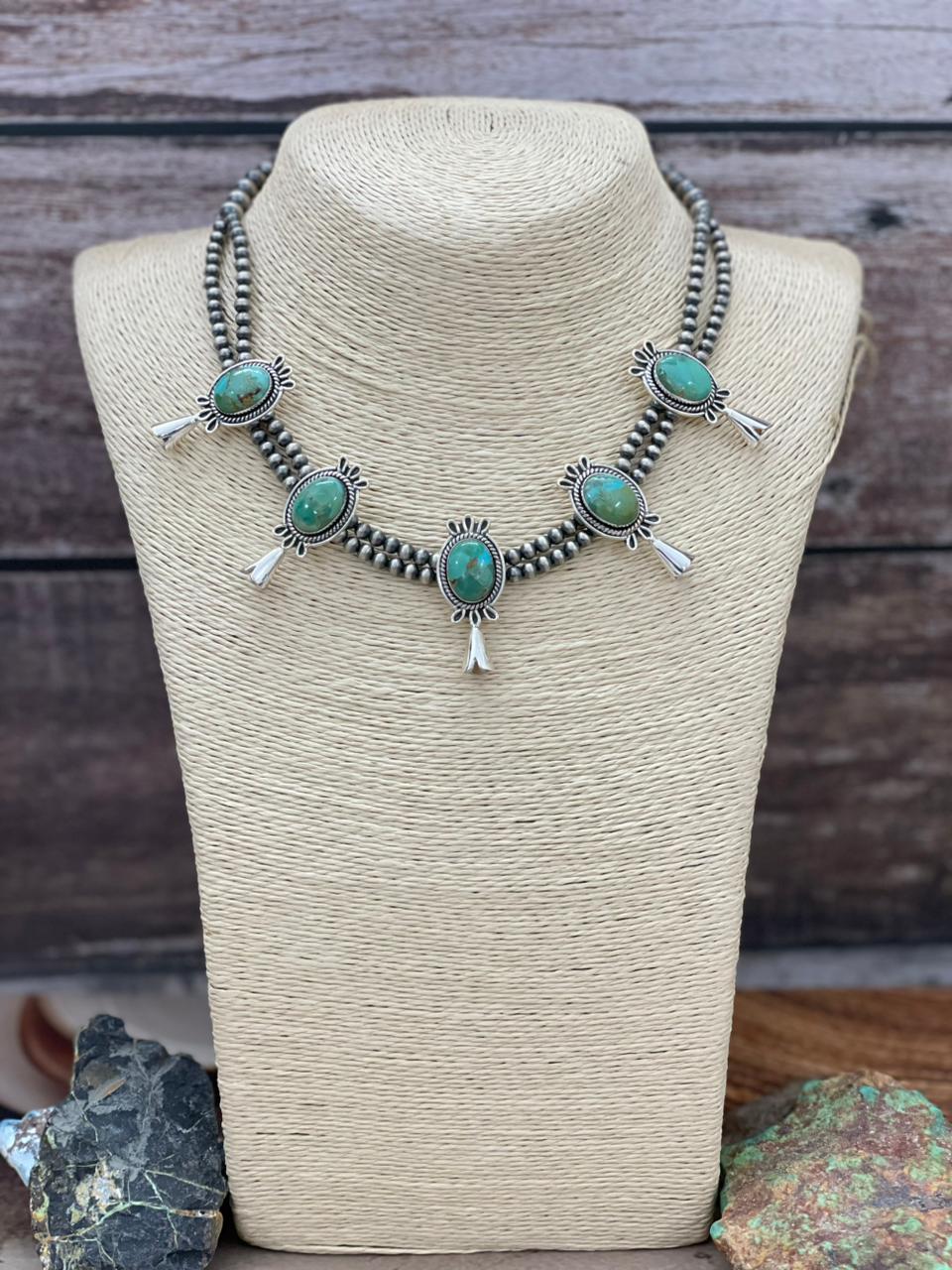 Handmade Sterling Silver Kingman Turquoise Beaded Blossom Necklace "Signed Nizhoni" - Che Cose Belle