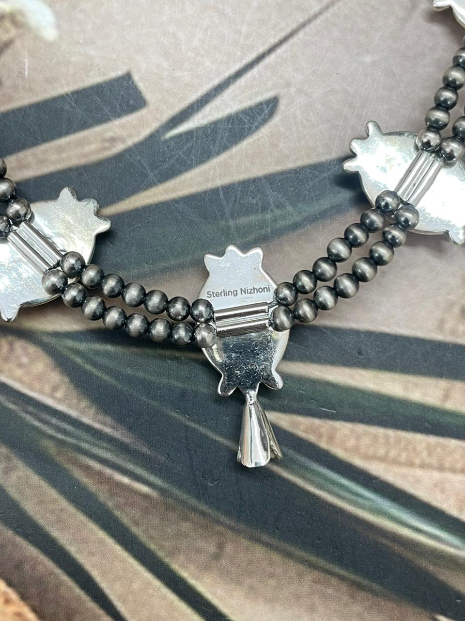 Handmade Sterling Silver Kingman Turquoise Beaded Blossom Necklace "Signed Nizhoni" - Che Cose Belle