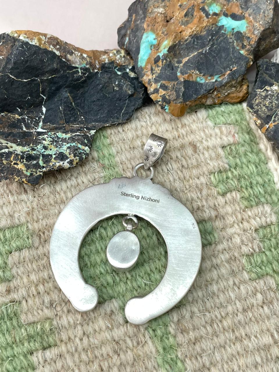 Handmade Sterling Silver Kingman Turquoise Naja Pendant "Signed Nizhoni" - Che Cose Belle