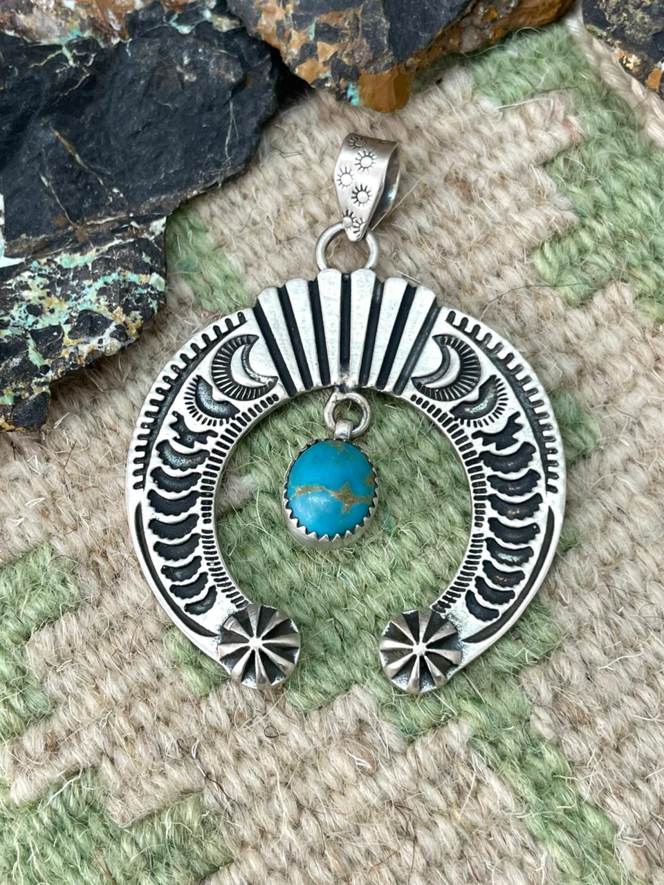 Handmade Sterling Silver Kingman Turquoise Naja Pendant "Signed Nizhoni" - Che Cose Belle