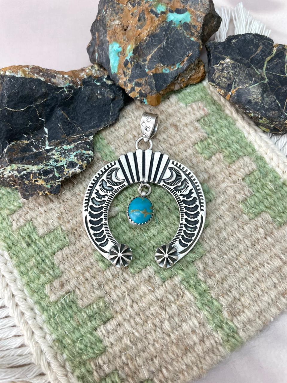 Handmade Sterling Silver Kingman Turquoise Naja Pendant "Signed Nizhoni" - Che Cose Belle