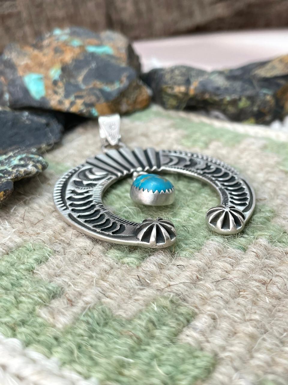 Handmade Sterling Silver Kingman Turquoise Naja Pendant "Signed Nizhoni" - Che Cose Belle