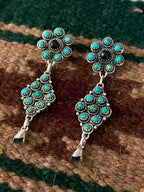 Handmade Sterling Silver Kingman Turquoise with White Buffalo Post Dangle Squash Blossom Earrings Signed Nizhoni - Che Cose Belle