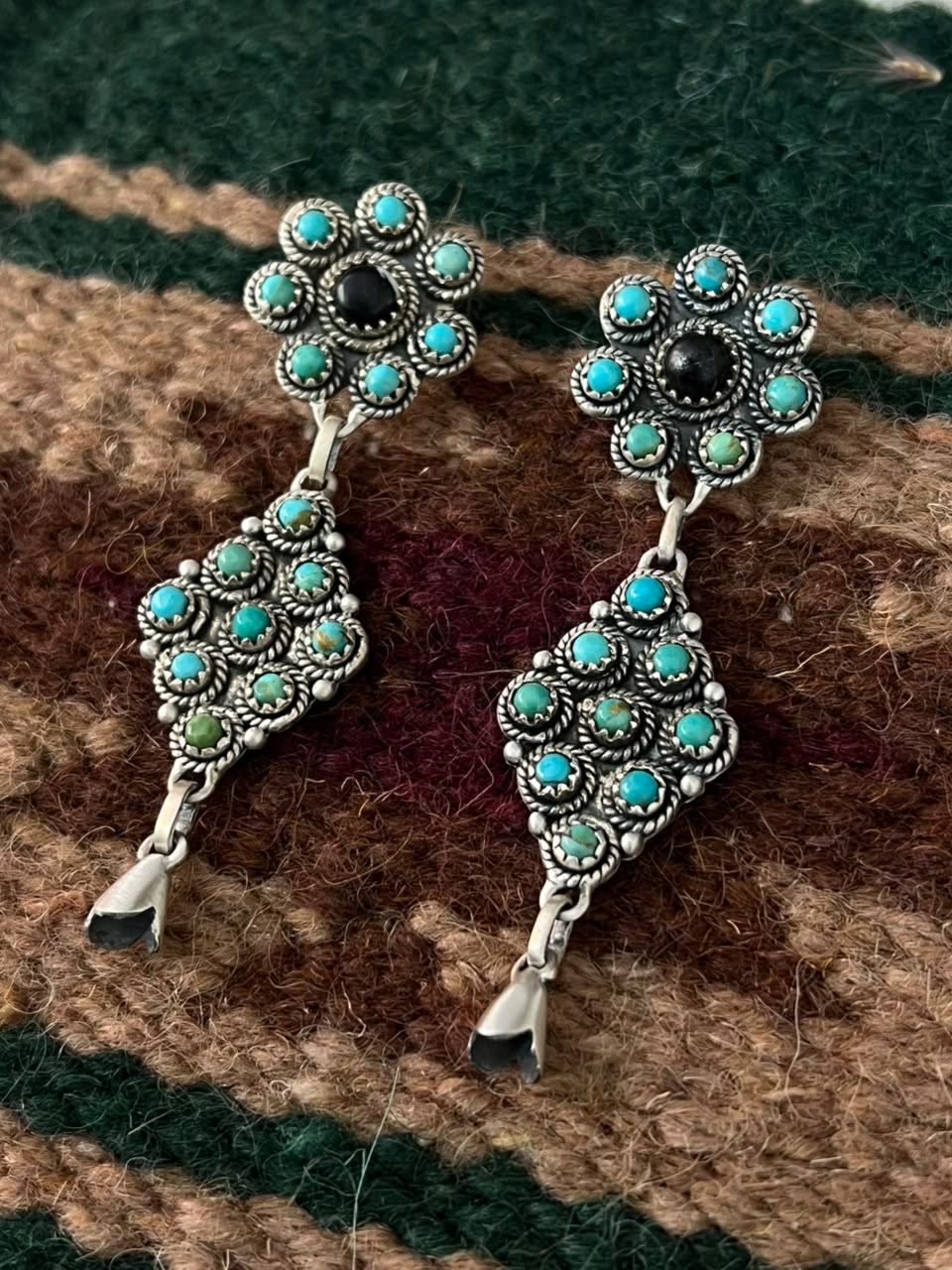 Handmade Sterling Silver Kingman Turquoise with White Buffalo Post Dangle Squash Blossom Earrings Signed Nizhoni - Che Cose Belle
