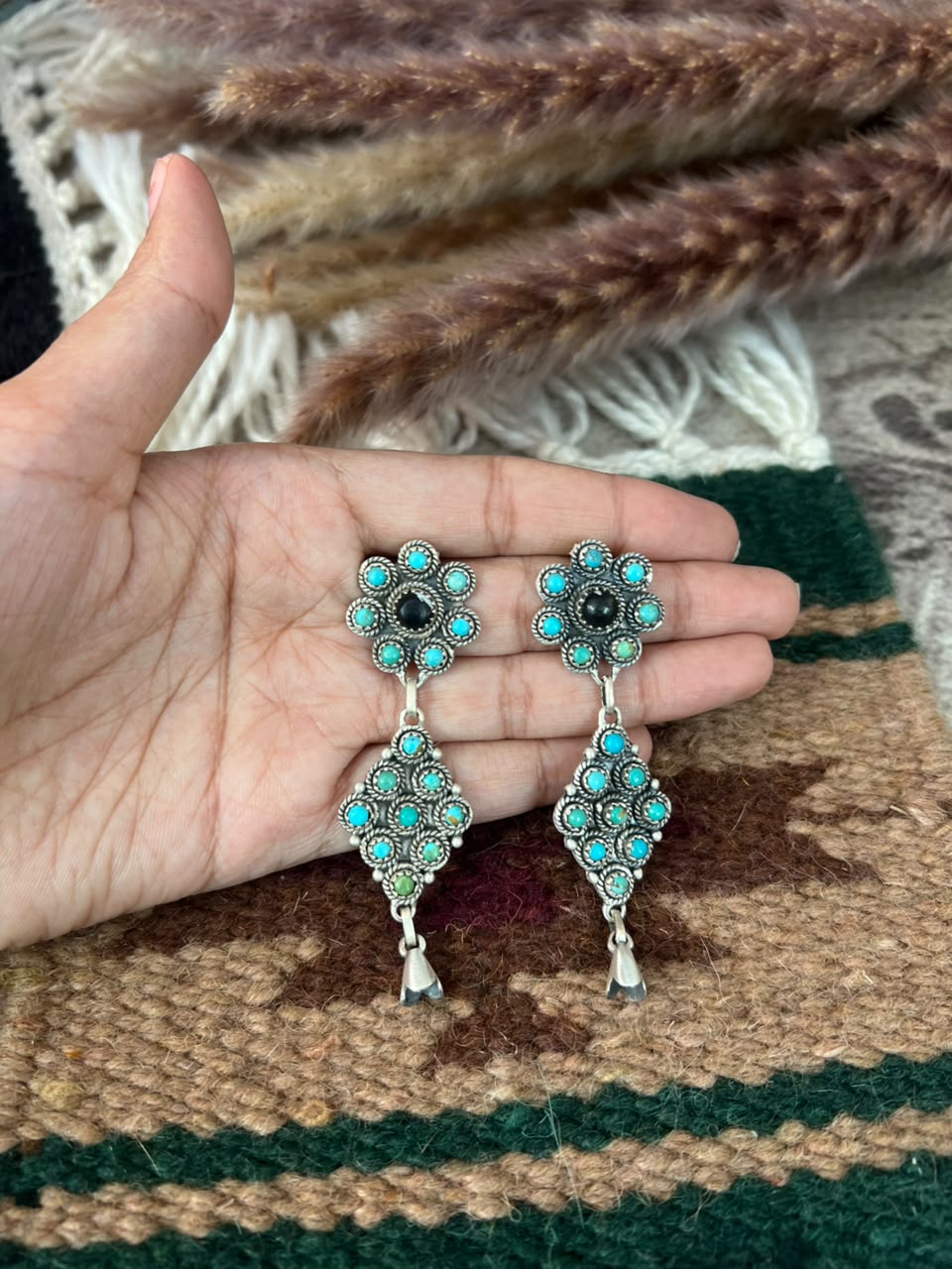 Handmade Sterling Silver Kingman Turquoise with White Buffalo Post Dangle Squash Blossom Earrings Signed Nizhoni - Che Cose Belle