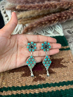 Handmade Sterling Silver Kingman Turquoise with White Buffalo Post Dangle Squash Blossom Earrings Signed Nizhoni - Che Cose Belle