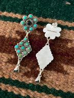 Handmade Sterling Silver Kingman Turquoise with White Buffalo Post Dangle Squash Blossom Earrings Signed Nizhoni - Che Cose Belle