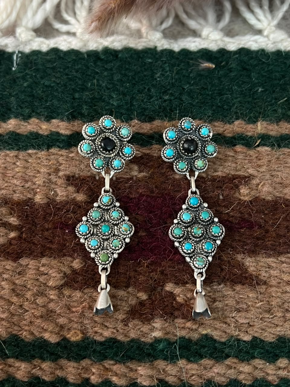 Handmade Sterling Silver Kingman Turquoise with White Buffalo Post Dangle Squash Blossom Earrings Signed Nizhoni - Che Cose Belle