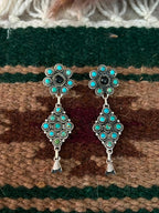 Handmade Sterling Silver Kingman Turquoise with White Buffalo Post Dangle Squash Blossom Earrings Signed Nizhoni - Che Cose Belle