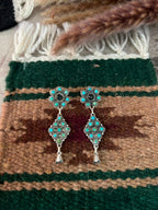 Handmade Sterling Silver Kingman Turquoise with White Buffalo Post Dangle Squash Blossom Earrings Signed Nizhoni - Che Cose Belle