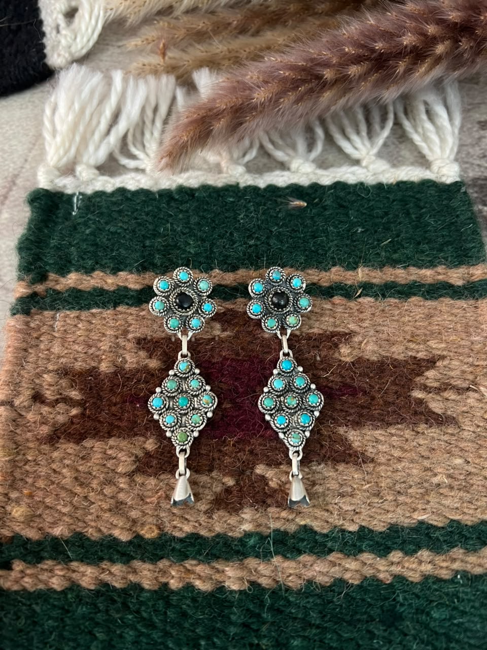 Handmade Sterling Silver Kingman Turquoise with White Buffalo Post Dangle Squash Blossom Earrings Signed Nizhoni - Che Cose Belle