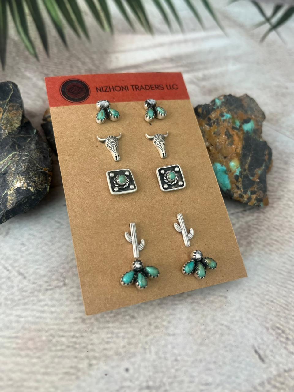 Handmade Sterling Silver Kingman With White Buffalo Post Studs Earrings Set - Che Cose Belle