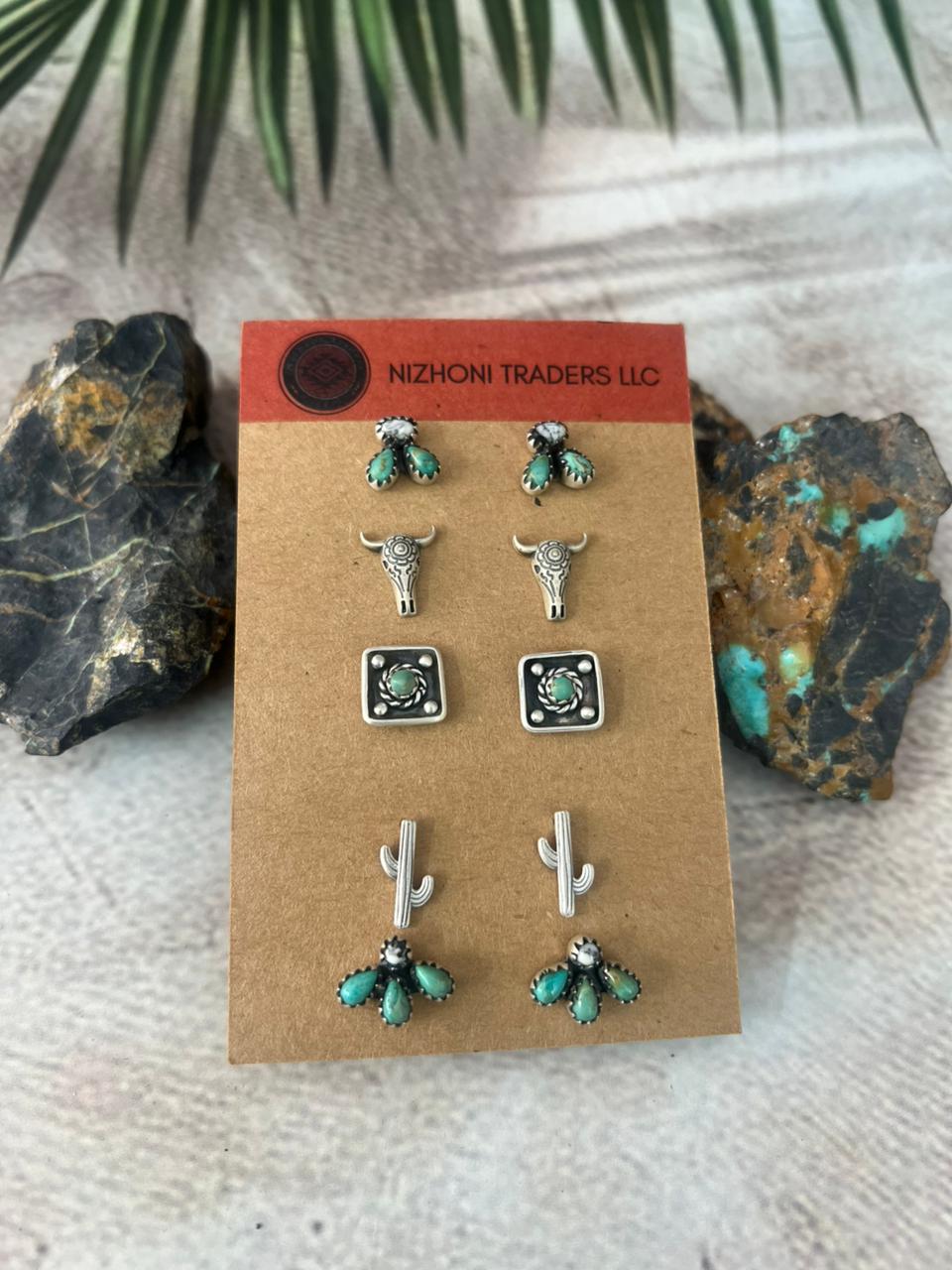 Handmade Sterling Silver Kingman With White Buffalo Post Studs Earrings Set - Che Cose Belle