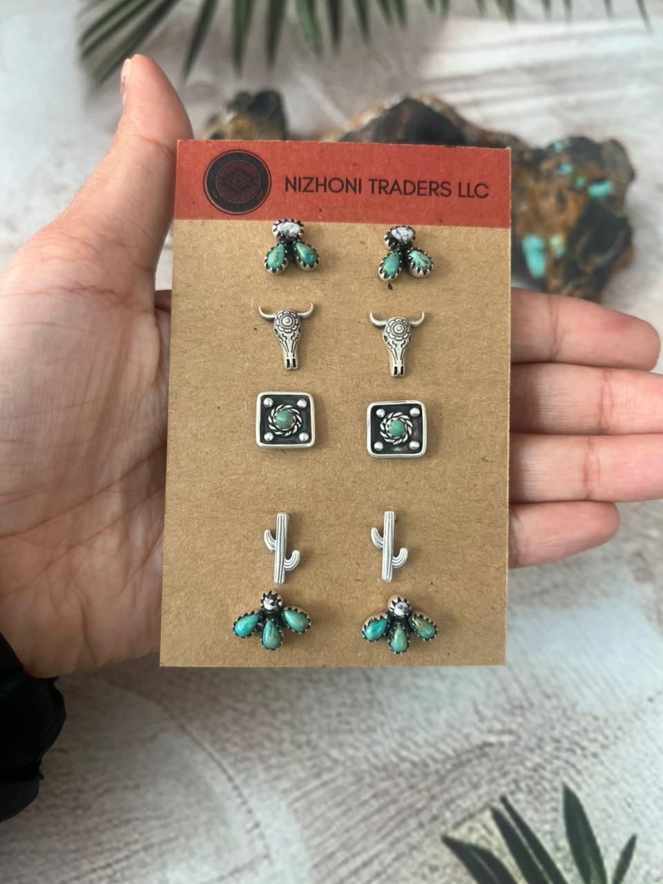 Handmade Sterling Silver Kingman With White Buffalo Post Studs Earrings Set - Che Cose Belle