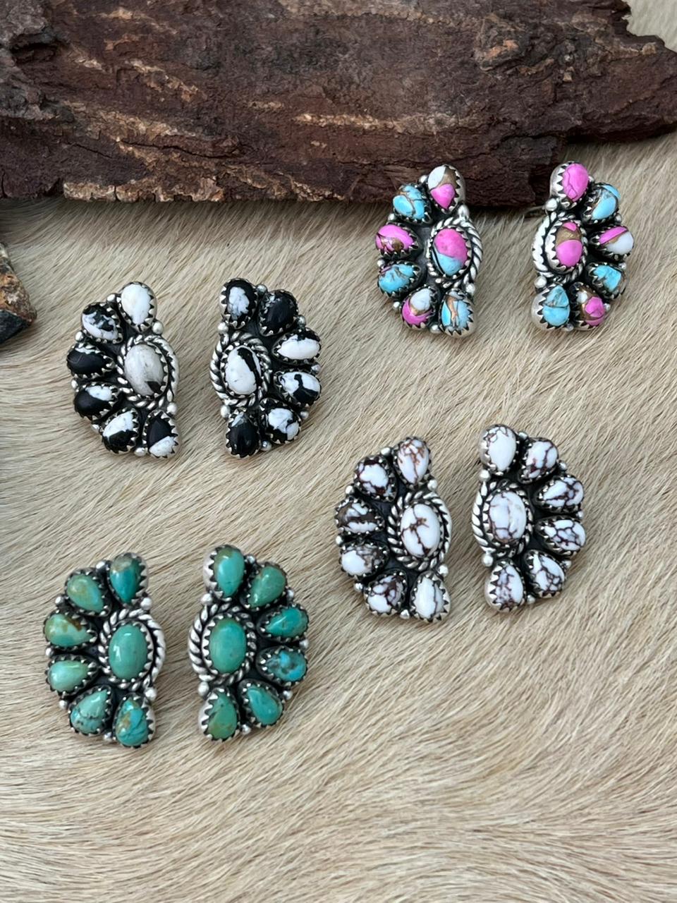 Handmade Sterling Silver Multi Stone Studs Earrings "Signed Nizhoni" - Che Cose Belle