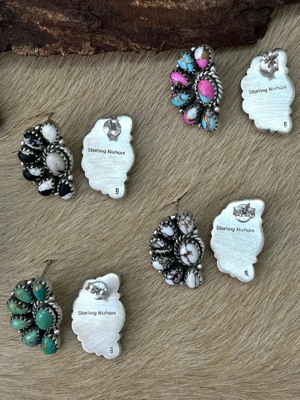 Handmade Sterling Silver Multi Stone Studs Earrings "Signed Nizhoni" - Che Cose Belle