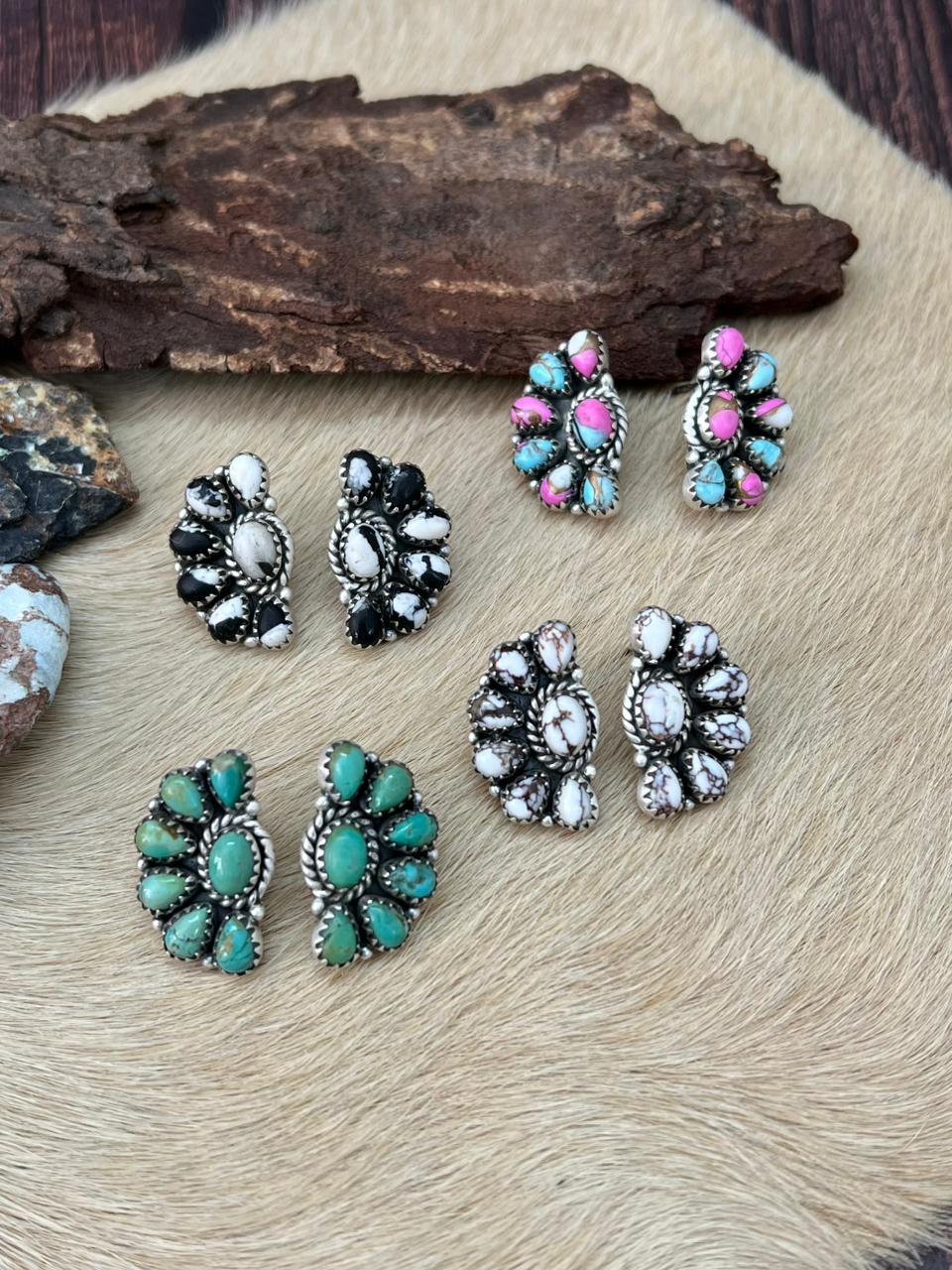 Handmade Sterling Silver Multi Stone Studs Earrings "Signed Nizhoni" - Che Cose Belle