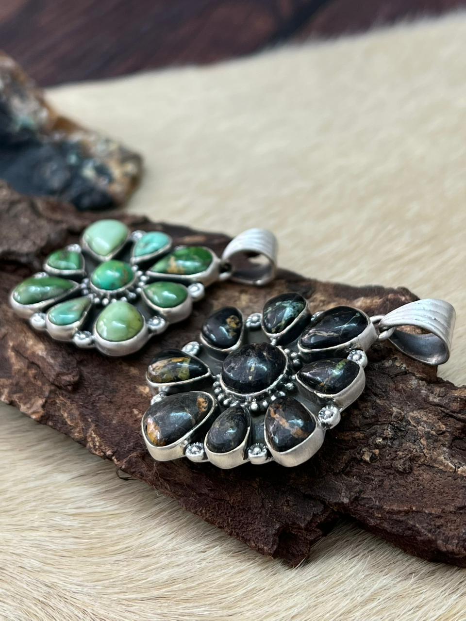 Handmade Sterling Silver Sonoran Mountain Turquoise, Blackjack Pendant "Signed Nizhoni" - Che Cose Belle