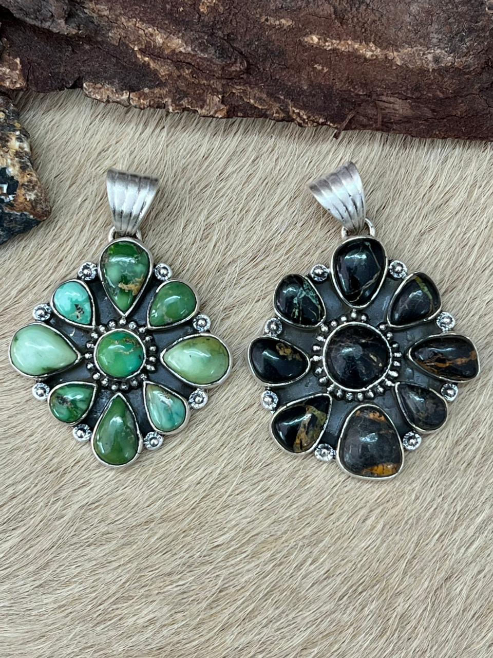Handmade Sterling Silver Sonoran Mountain Turquoise, Blackjack Pendant "Signed Nizhoni" - Che Cose Belle
