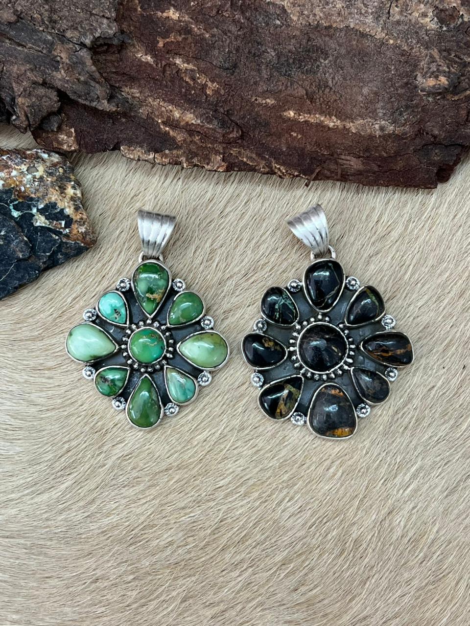 Handmade Sterling Silver Sonoran Mountain Turquoise, Blackjack Pendant "Signed Nizhoni" - Che Cose Belle