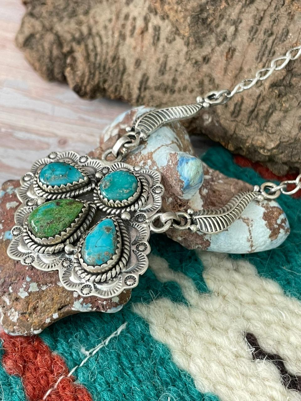 Handmade Sterling Silver Sonoran Mountain Turquoise with White Water Turquoise Necklace "Signed Nizhoni" - Che Cose Belle