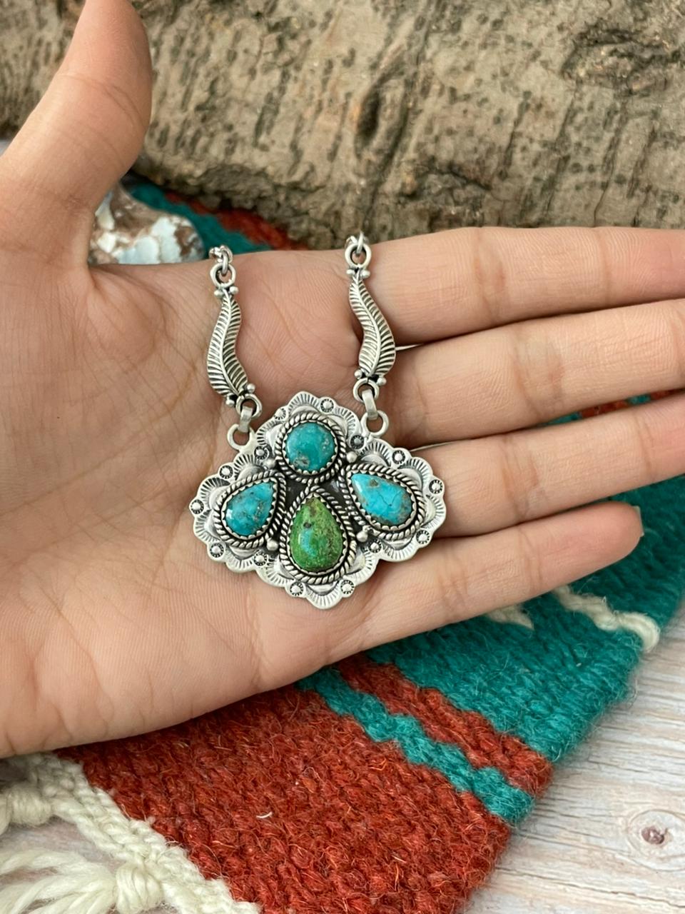 Handmade Sterling Silver Sonoran Mountain Turquoise with White Water Turquoise Necklace "Signed Nizhoni" - Che Cose Belle