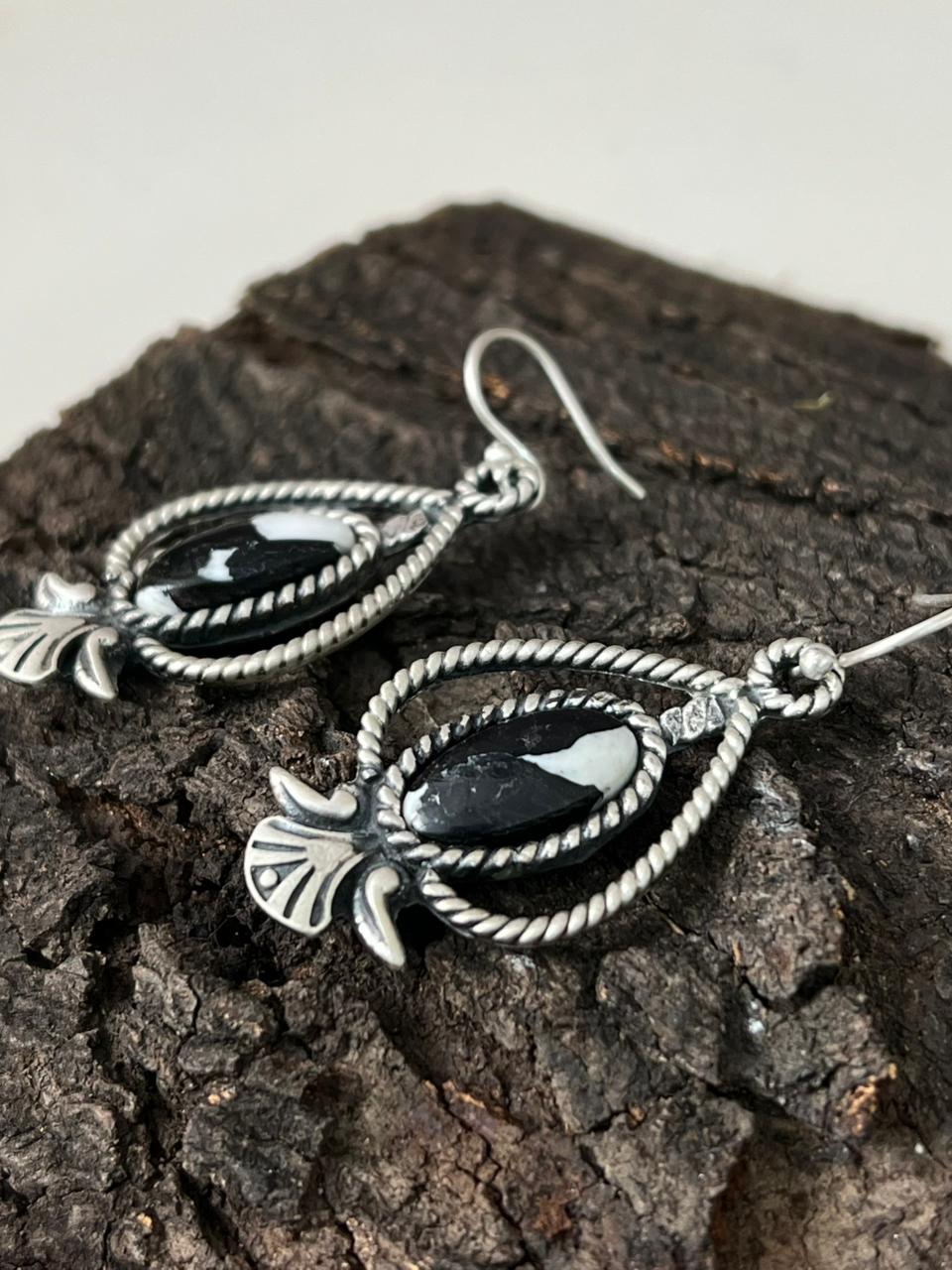 Handmade Sterling Silver White Buffalo Hook Dangle Earrings "Signed Nizhoni" - Che Cose Belle