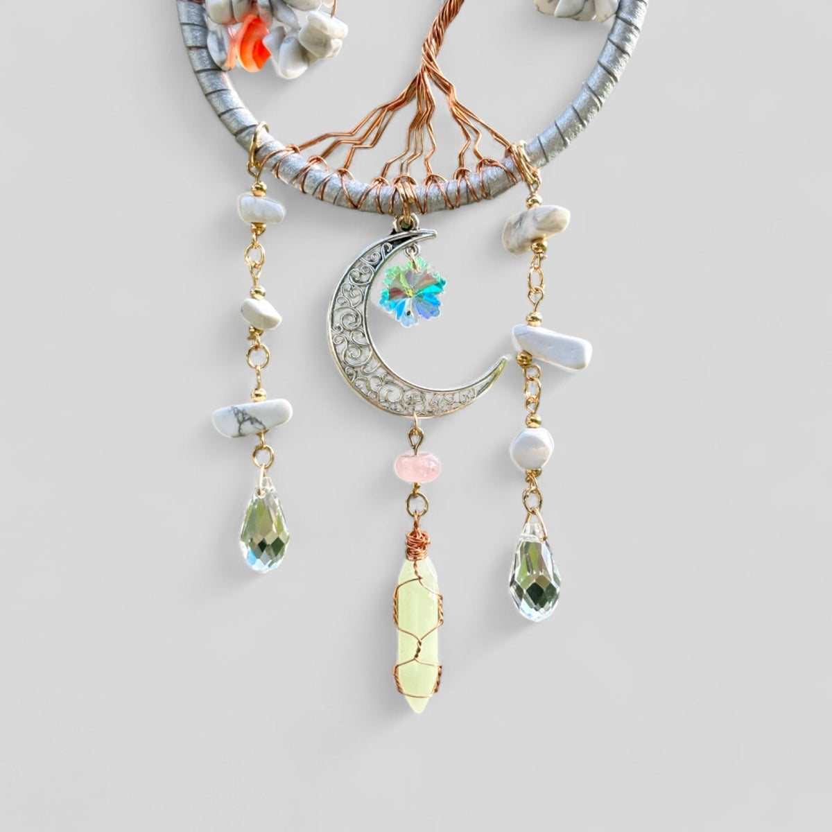 Handmade Tree of Life Dreamcatcher with Crescent Moon Charm - Rearview Mirror Suncatcher Hanging or Wall Hanging - White Stones - Che Cose Belle