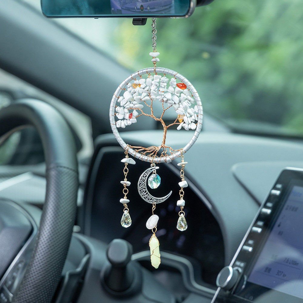 Handmade Tree of Life Dreamcatcher with Crescent Moon Charm - Rearview Mirror Suncatcher Hanging or Wall Hanging - White Stones - Che Cose Belle