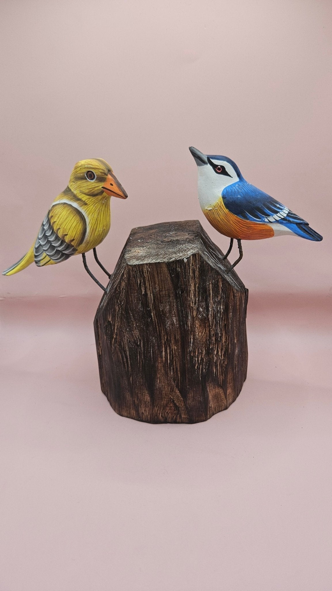 Handmade Wooden Songbird Figurines – on Natural Stump Base-Rustic Woodland Decor - Che Cose Belle