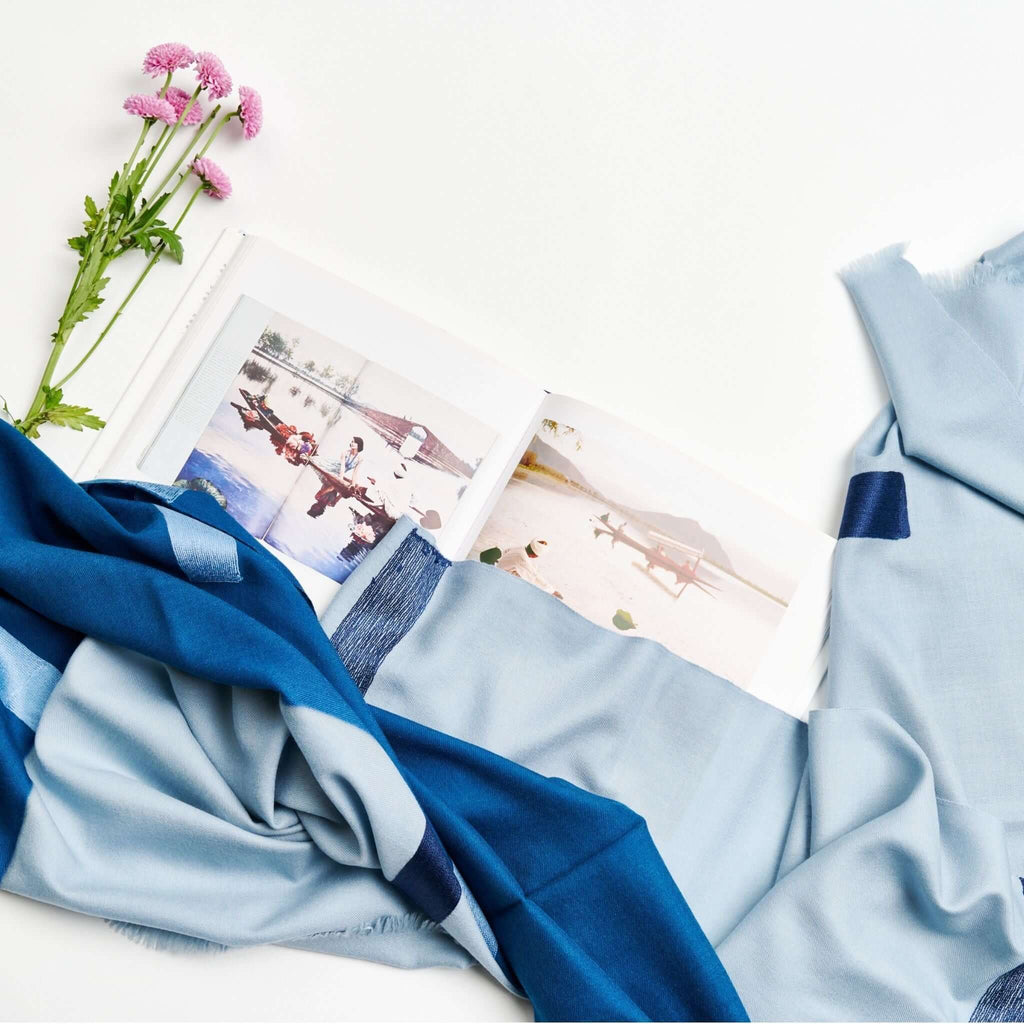 Harbor Blue Hand Embroidered Modern Artisanal Scarf - Che Cose Belle