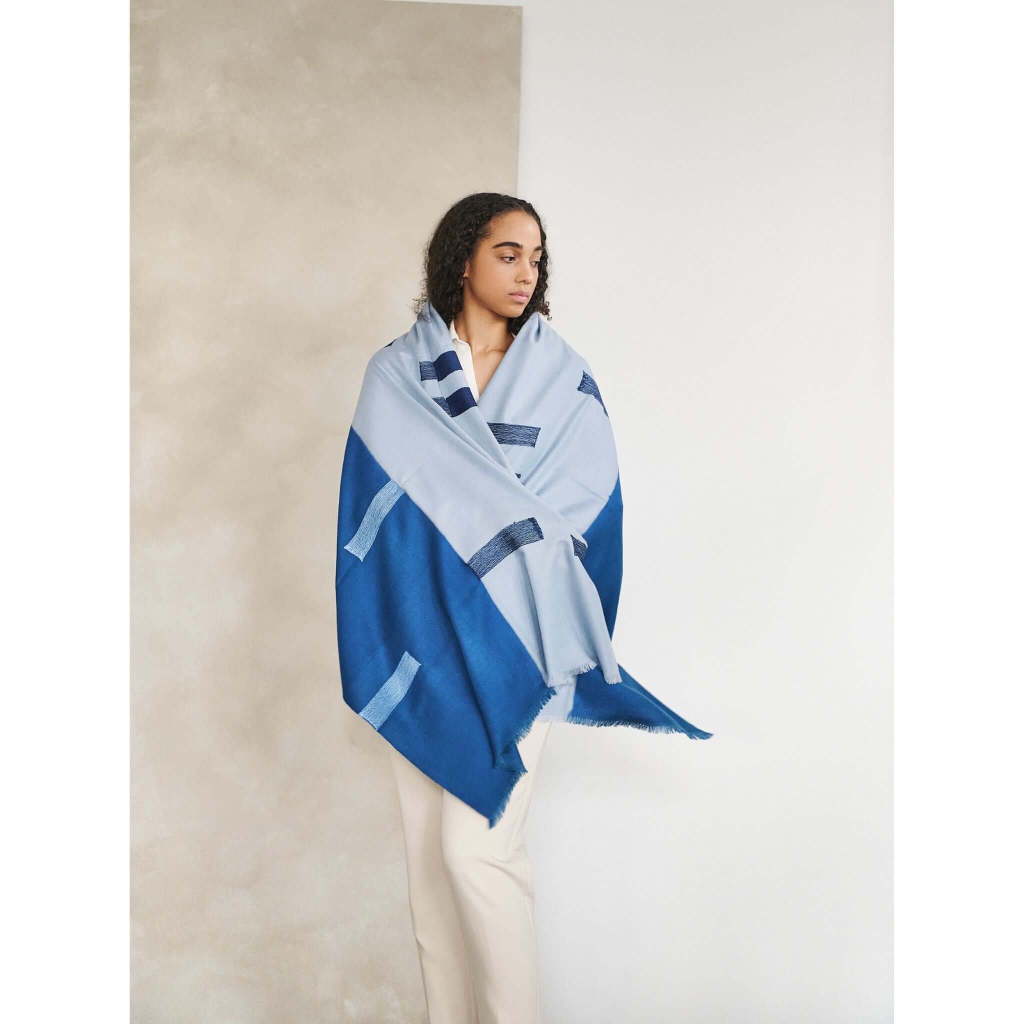 Harbor Blue Hand Embroidered Modern Artisanal Scarf - Che Cose Belle