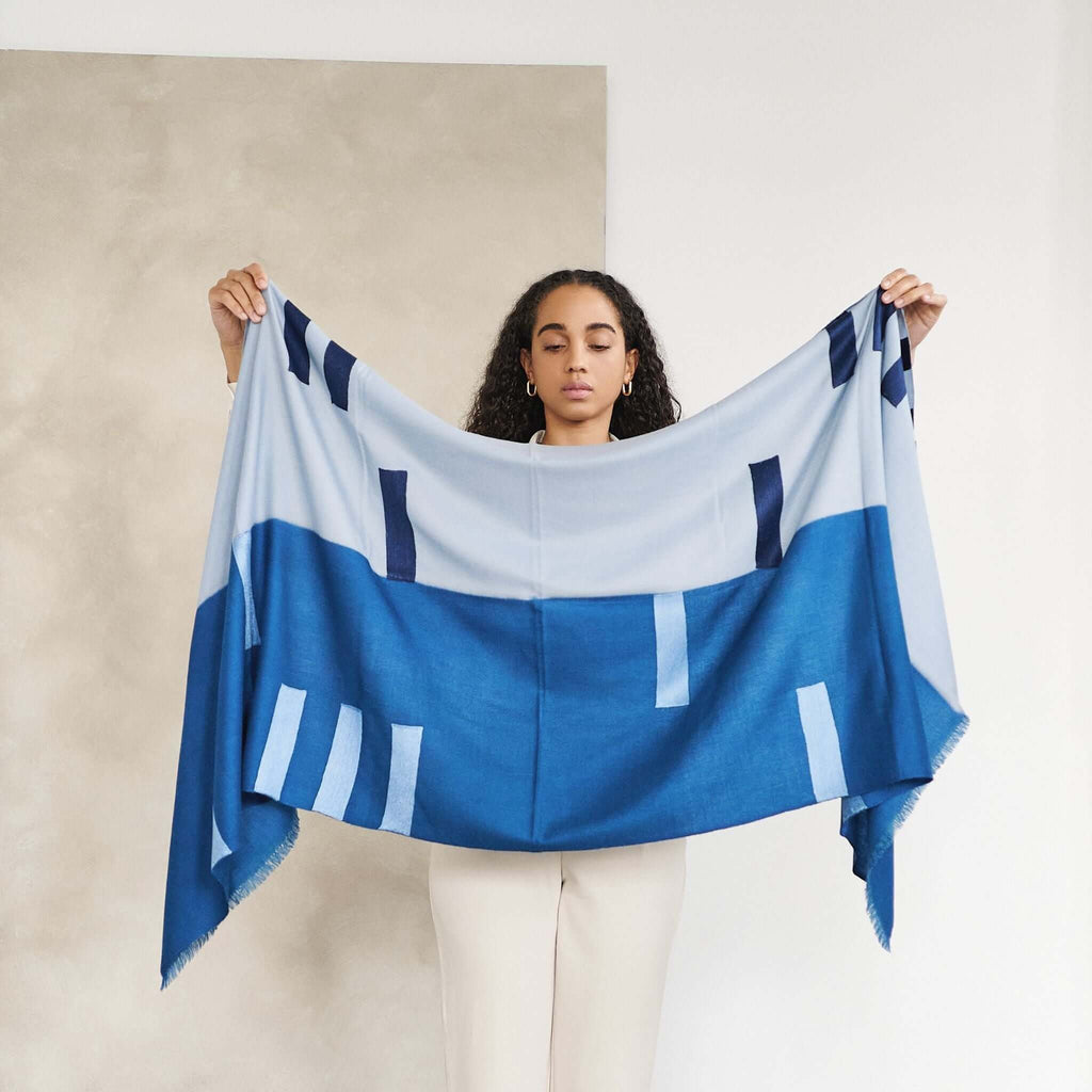Harbor Blue Hand Embroidered Modern Artisanal Scarf - Che Cose Belle