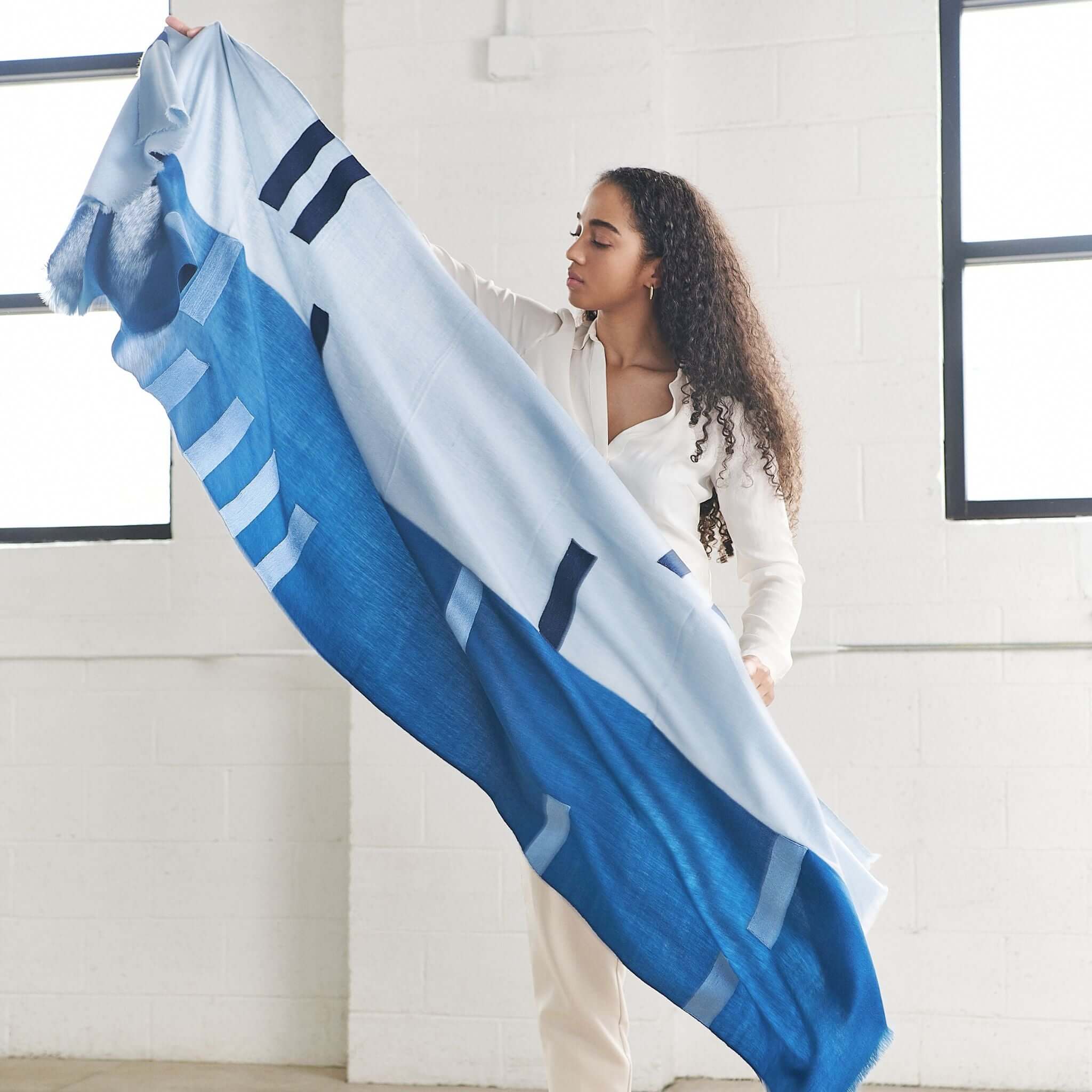 Harbor Blue Hand Embroidered Modern Artisanal Scarf - Che Cose Belle