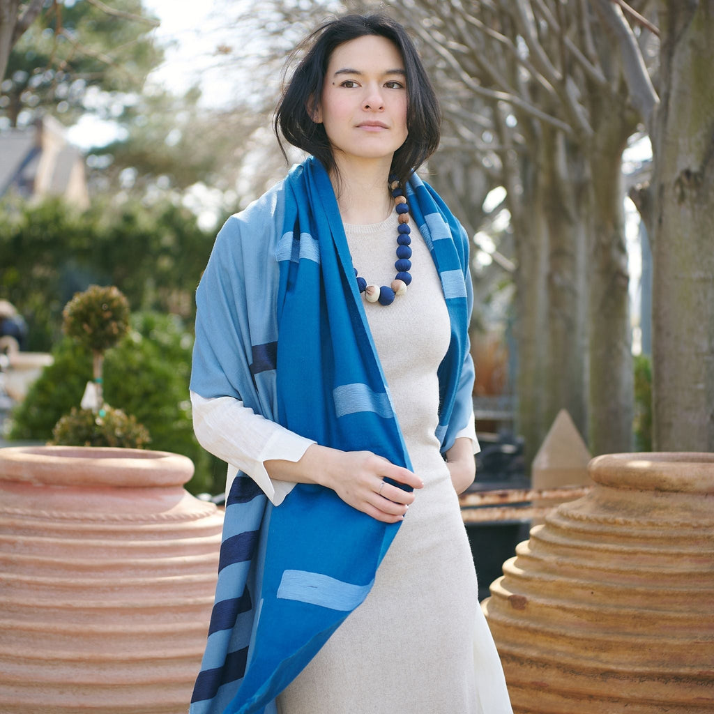 Harbor Blue Hand Embroidered Modern Artisanal Scarf - Che Cose Belle