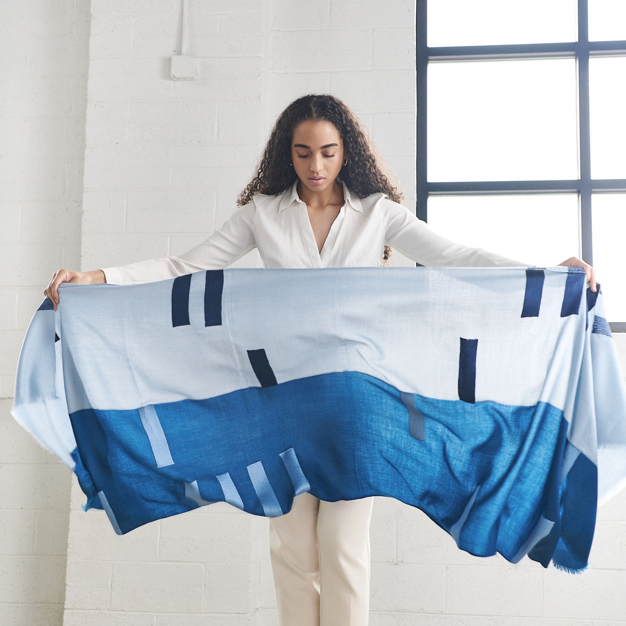Harbor Blue Hand Embroidered Modern Artisanal Scarf - Che Cose Belle