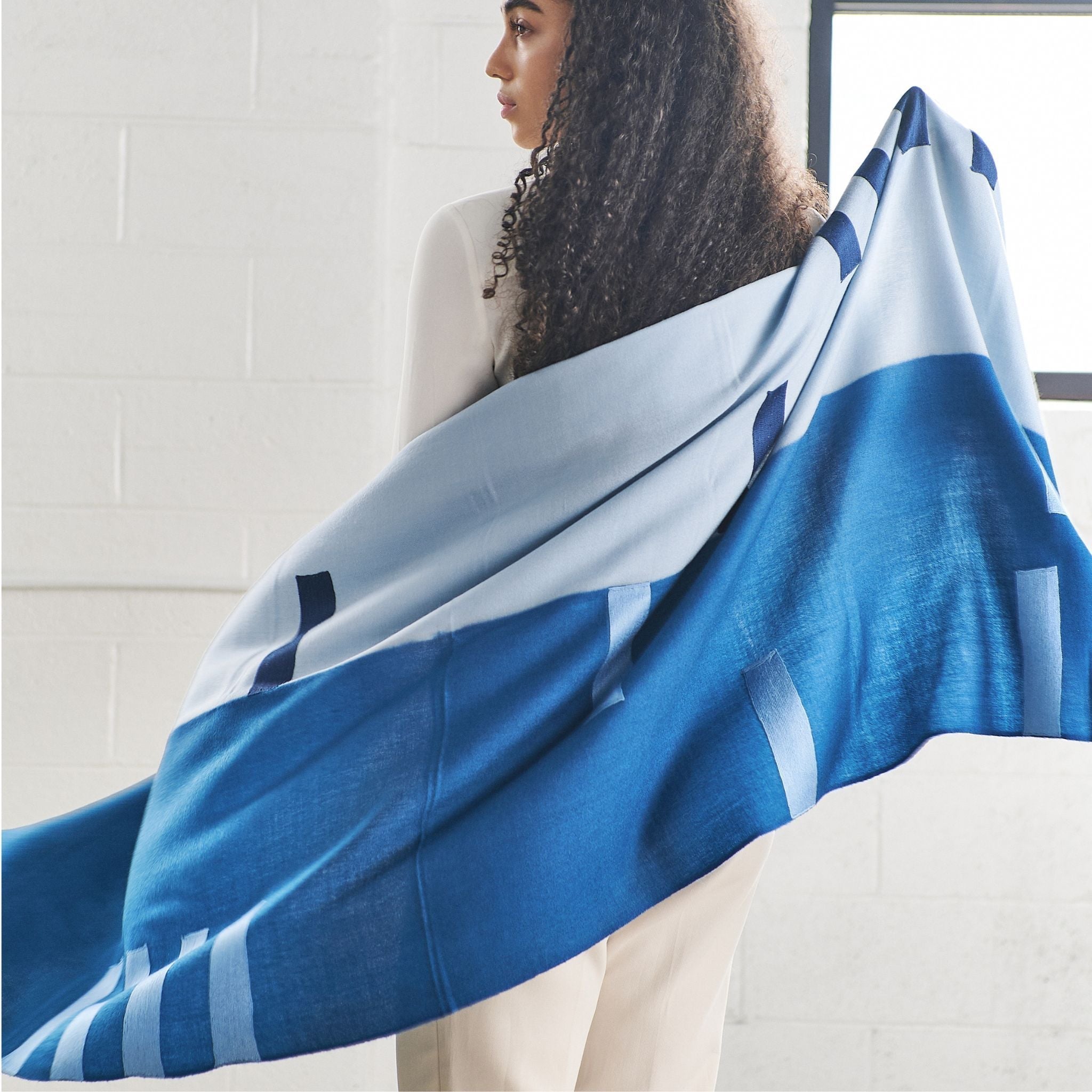 Harbor Blue Hand Embroidered Modern Artisanal Scarf - Che Cose Belle
