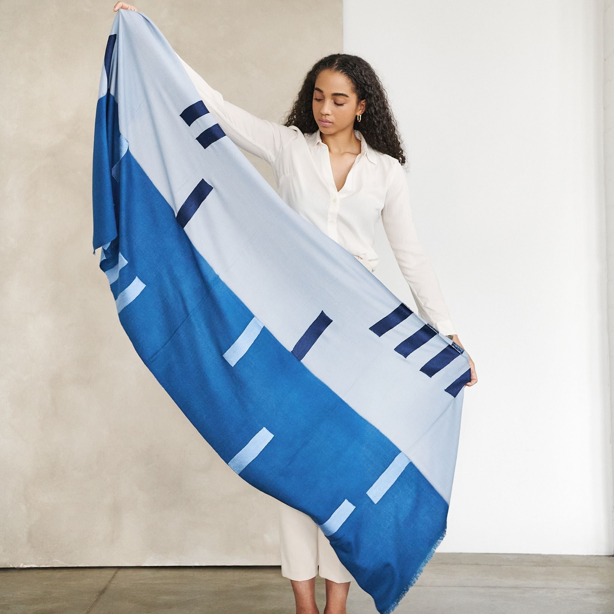 Harbor Blue Hand Embroidered Modern Artisanal Scarf - Che Cose Belle