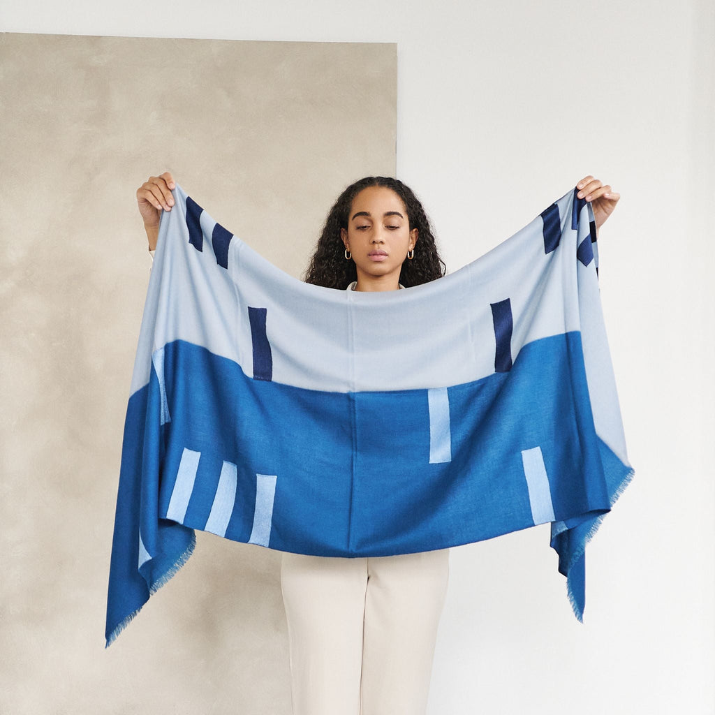 Harbor Blue Hand Embroidered Modern Artisanal Scarf - Che Cose Belle