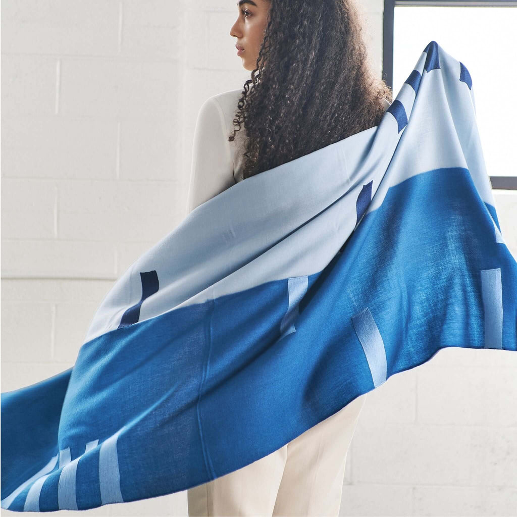 Harbor Blue Hand Embroidered Modern Artisanal Scarf - Che Cose Belle