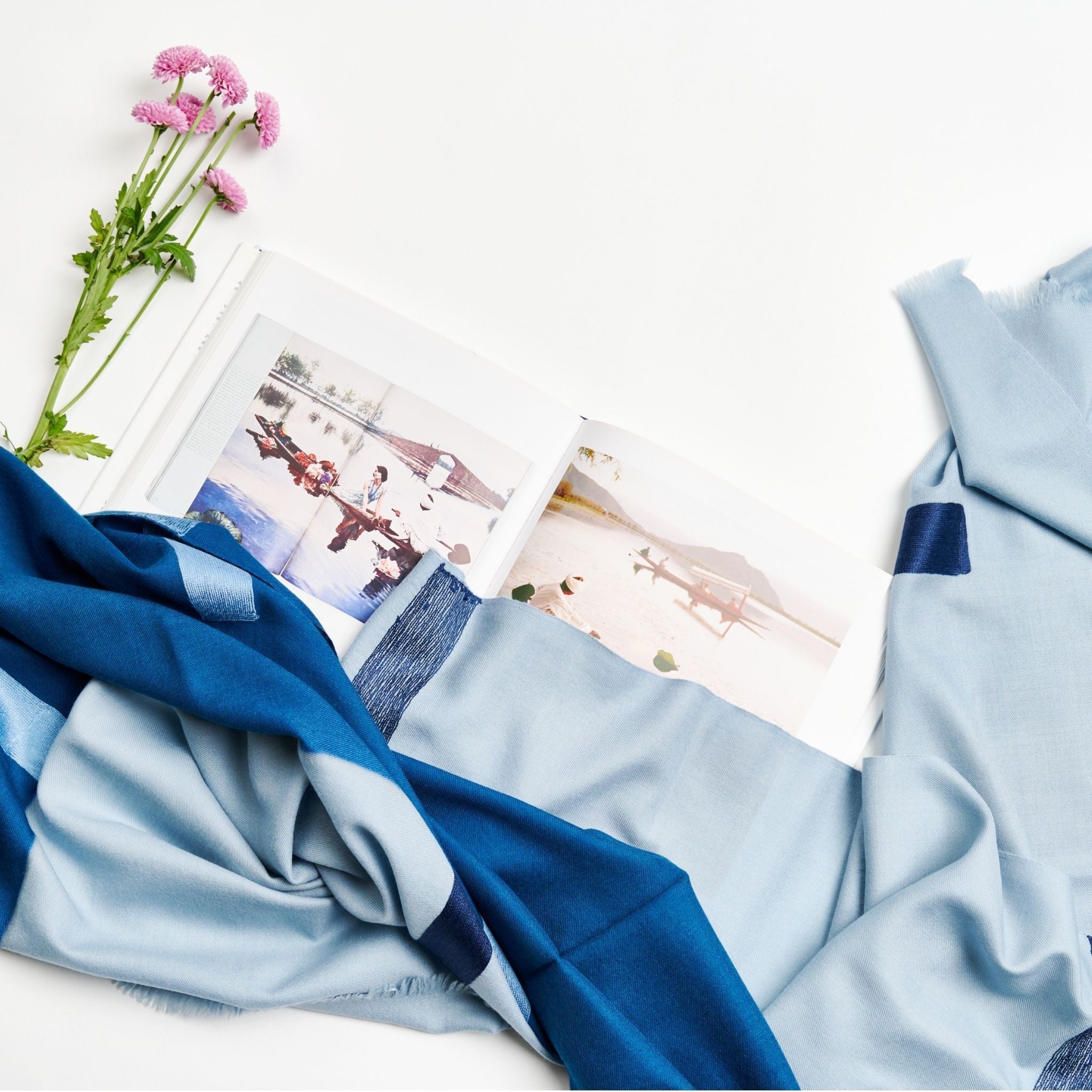 Harbor Blue Hand Embroidered Modern Artisanal Scarf - Che Cose Belle