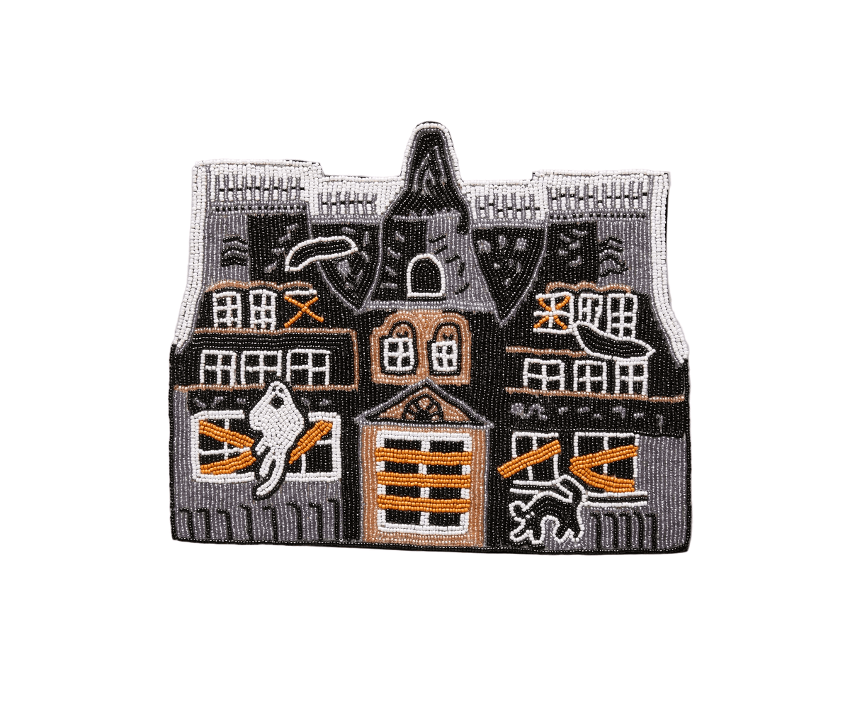 Haunted House Beaded Placemat – Handmade Halloween Table Mat – Spooky Ghost Cat Decor – Gothic Fall Dining Accent - Che Cose Belle
