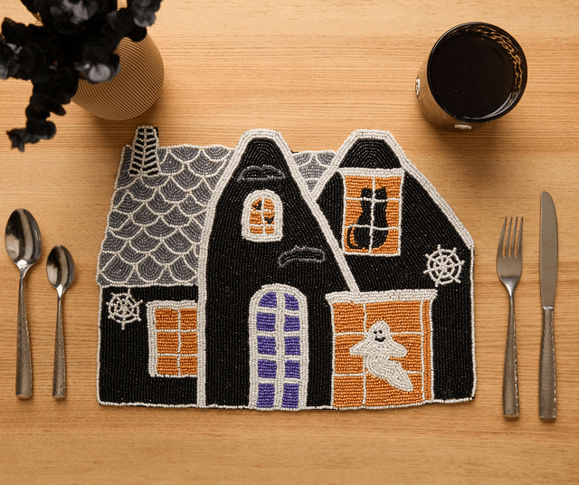 Haunted House Beaded Placemat Velvet Backing Handmade Halloween Table Decor Spooky Black Cat Ghost Mat Holiday Centerpiece - Che Cose Belle