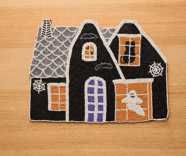 Haunted House Beaded Placemat Velvet Backing Handmade Halloween Table Decor Spooky Black Cat Ghost Mat Holiday Centerpiece - Che Cose Belle