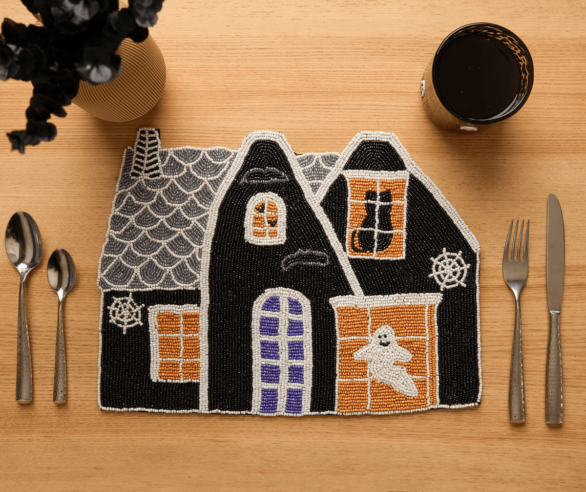 Haunted House Beaded Placemat Velvet Backing Handmade Halloween Table Decor Spooky Black Cat Ghost Mat Holiday Centerpiece - Che Cose Belle