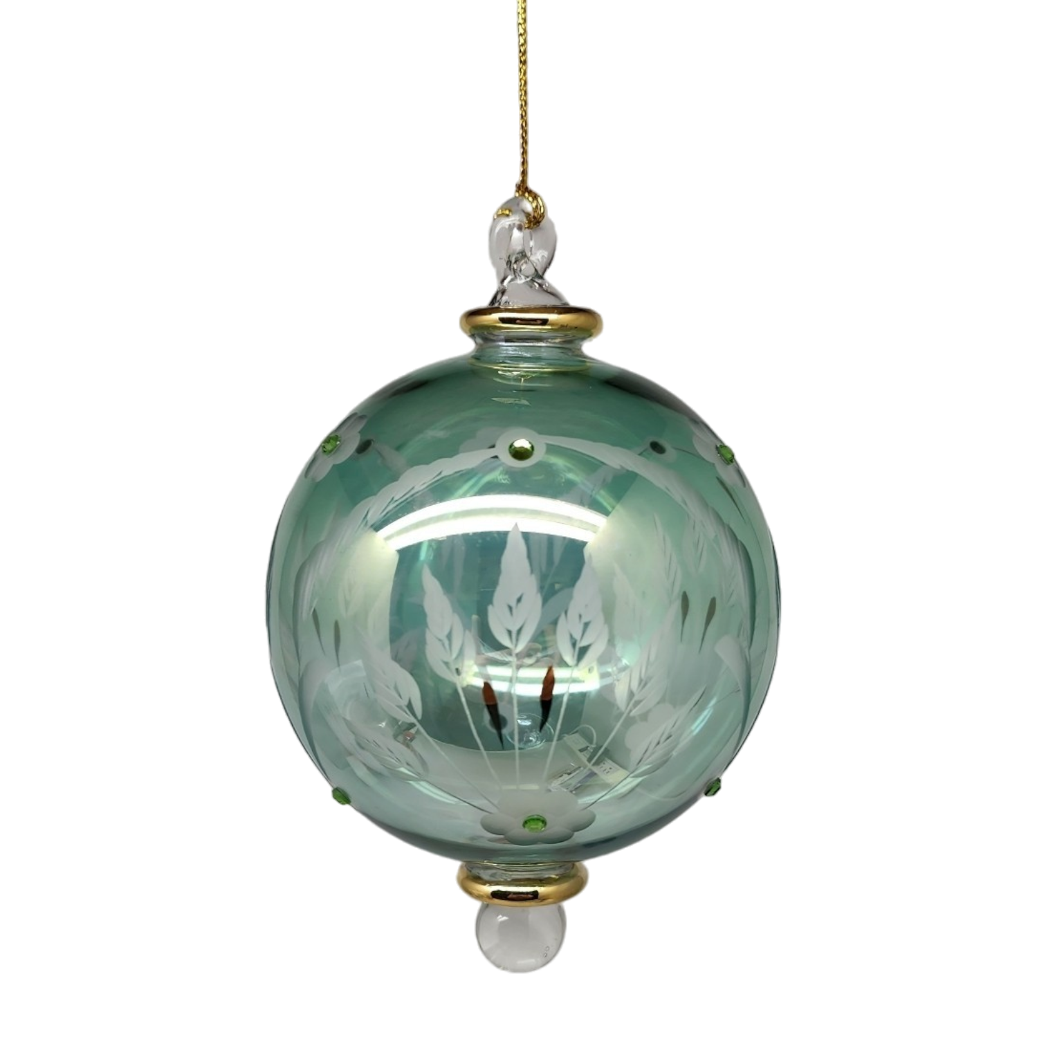 Etched Blown Glass Ball with Crystal Accents - Green