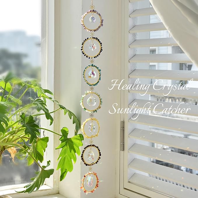 Healing Crystal Energy Wind Chime, 7 Chakra Crystal Sunlight Catcher, Meditation Home Decoration, Gem Wall Decoration, Birthday Gift, Healing Crystal Energy Sunlight Catcher - Che Cose Belle